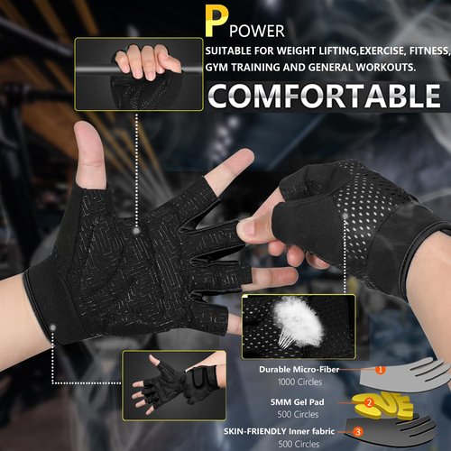 MOREOK Workout Gloves Padded Weight Lifting Gloves for Men/Women, [5MM Gel] Fingerless Grip Gym Gloves Fitness Gloves for Exercise, Weightlifting, Cycling, Pull ups, Rowing, and Climbing Black-S