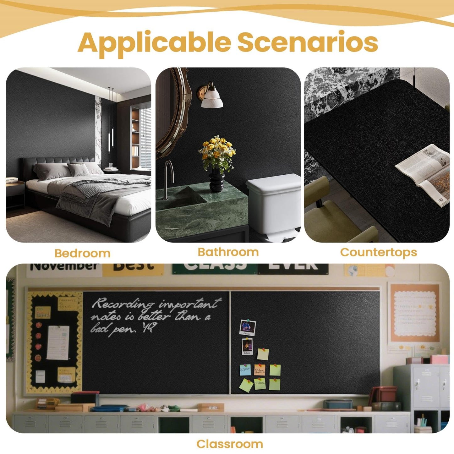 Black Silk Wallpaper Peel and Stick Embossed Self Adhesive Contact Paper 15.7" x 118" Removable Waterproof Kitchen Vinyl Wrap Cabinet Textured Renter Friendly Wall Cover with Scraper, Paper Cutter