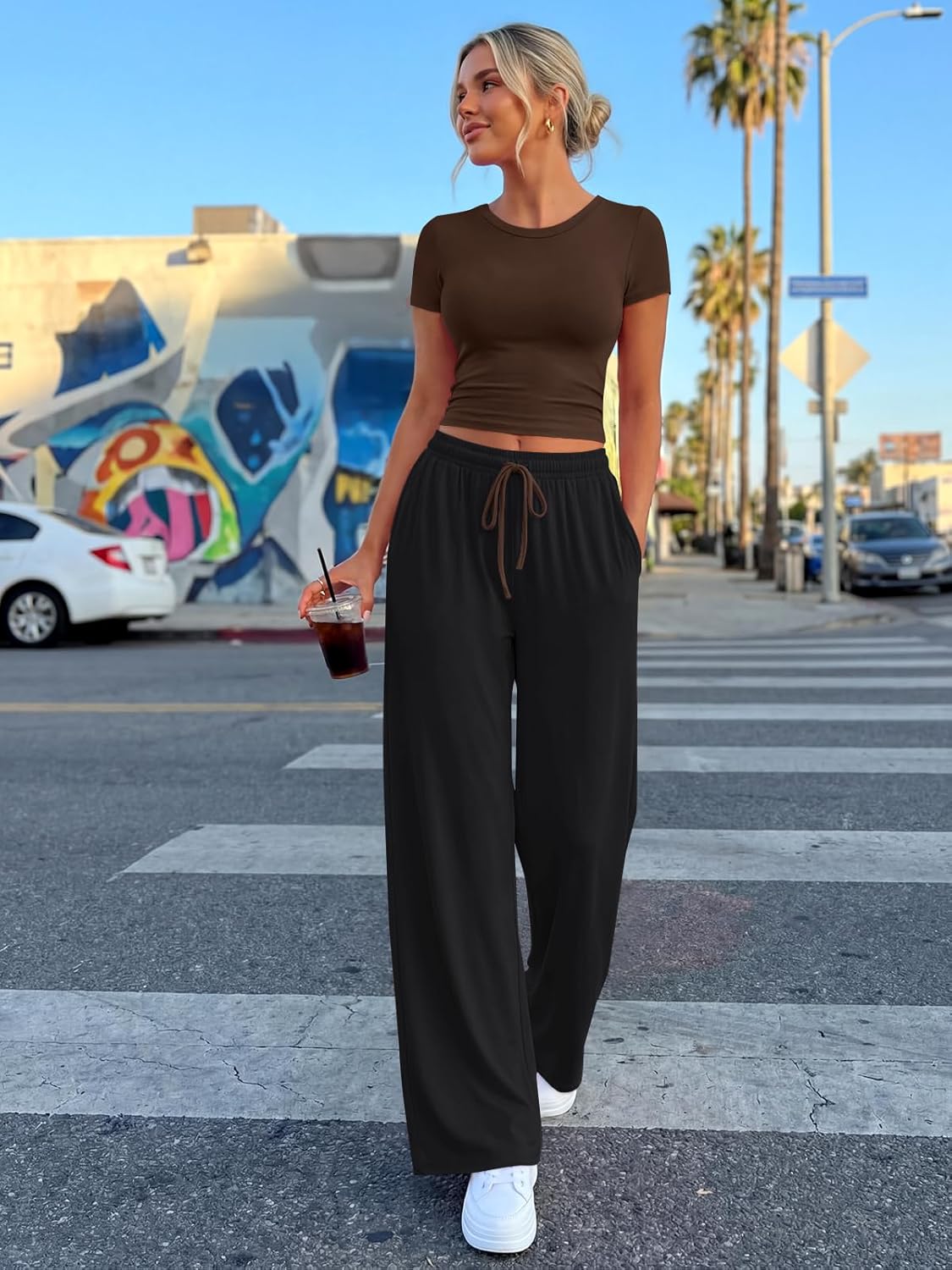Trendy Queen 2-Piece Matching Summer Lounge Set - Women's Side Ruching Top & Wide Leg Pants with Pockets