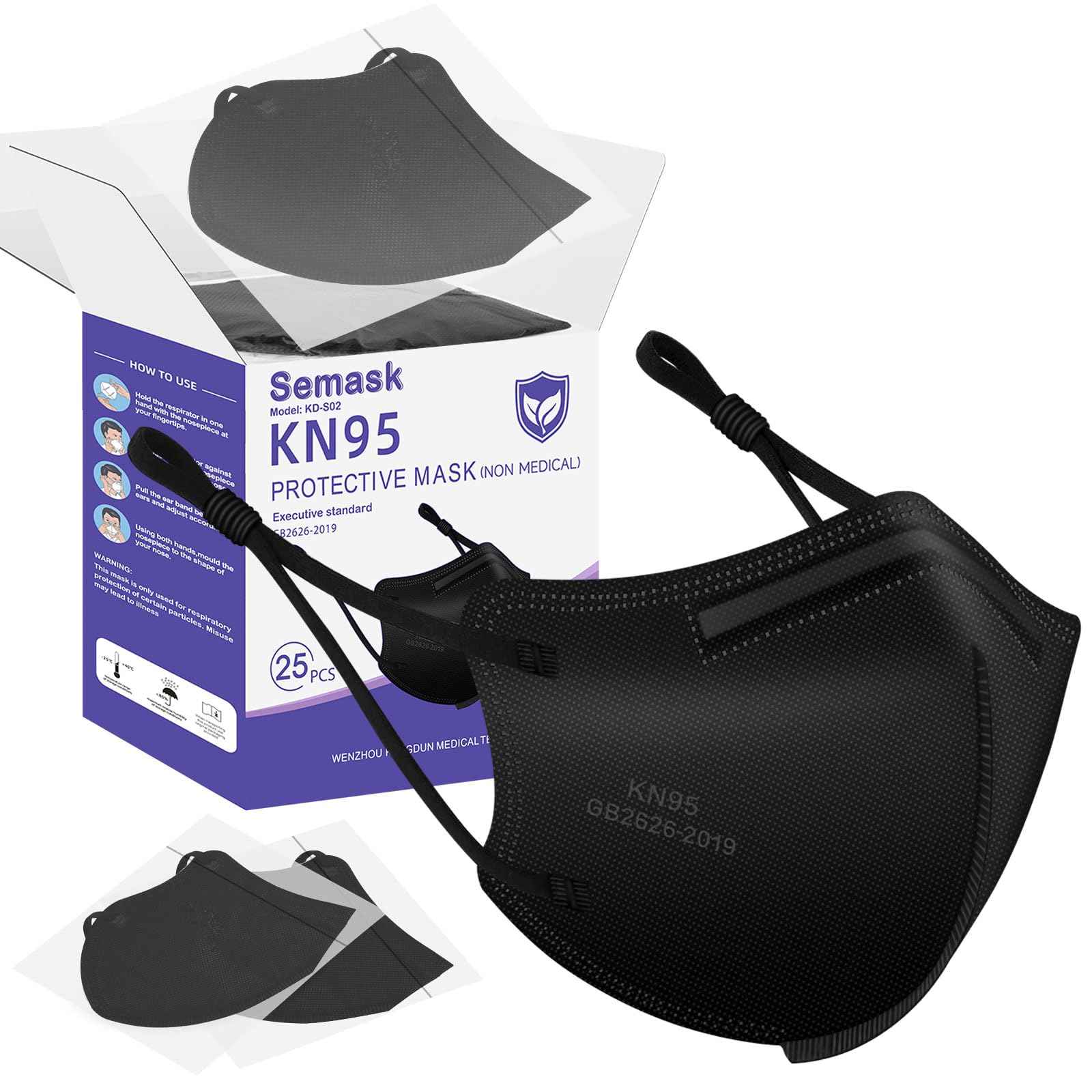 Semask KN95 Adjustable Masks 25 Pack, Individually Wrapped Disposable Masks with Adjustable Ear Loops (Black)