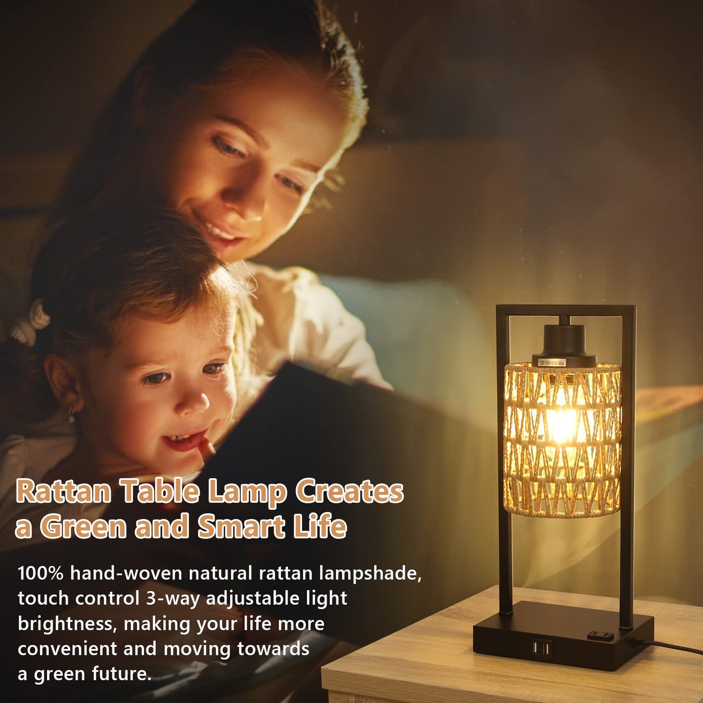 Stepeak Farmhouse Rattan Table Lamps Set of 2, Boho Touch Control Bedside Nightstand Lamp with 2 USB Ports&AC Outlet, Dimmable Desk Lamp for Bedroom Living Dining Room Credenza (LED Bulbs Included)