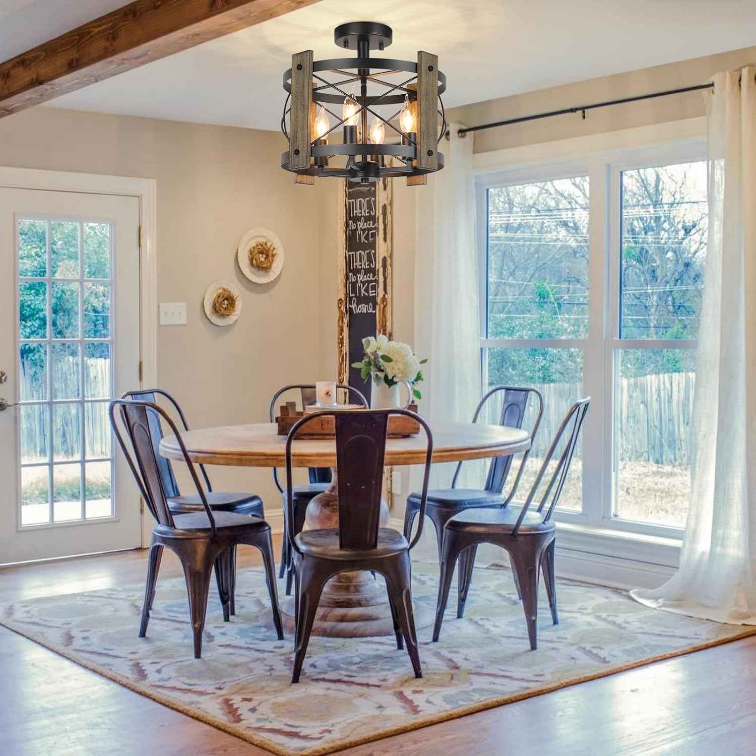 4-Light Rustic Farmhouse Semi Flush Mount Ceiling Light Fixture - Black Industrial Design for Kitchen, Dining Room, and Hallway