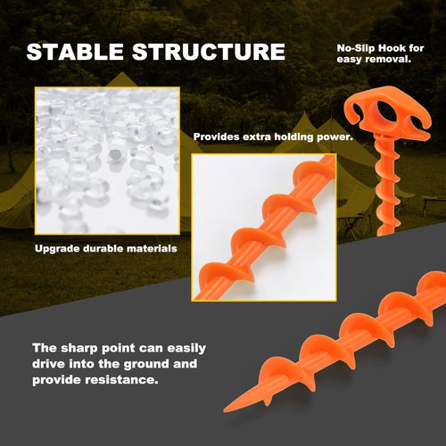 COBARYEN Tent Stakes Ground Anchors Screw in, 10 Pack Sand Stakes for Beach 9.4 Inch Heavy Duty Spiral Tent Pegs for Camping, Party, Hiking, Outdoor Decoration (10, Orange)