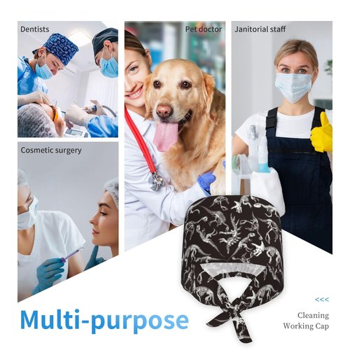 Halloween Dinosaur Dino Skeleton Bones Working Cap Scrub Cap with Sweatband Adjustable Unisex Women Tie Back Hat Nurse Surgical Caps