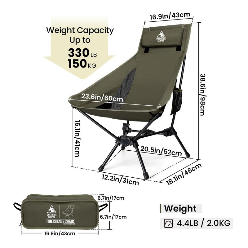 ONETIGRIS Tigerblade High Back Camping Chair with Pillow Design, Comfortable Widened Seat Folding Chair