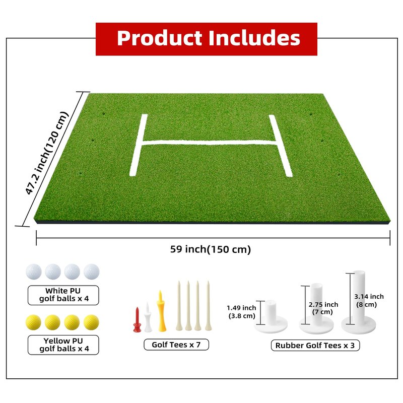 AIPSET Golf Mat 5x4ft Thicken Golf Hitting Mats Outdoor, Golf Practice Swing Mat, Golf Stance Mat, Golf Training Aid, Non-Slip/High-Elastic Base, w/ 10 Golf Tees & 8 Golf Balls