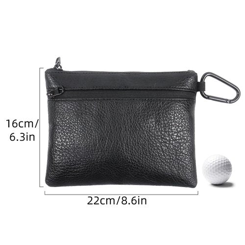 Klmnop Golf Ball Bag, Leather Golf Tee Bag Pouch with Zipper, Black Golf Valuables Pouch for Golf Balls, Tees, Gloves(Black)