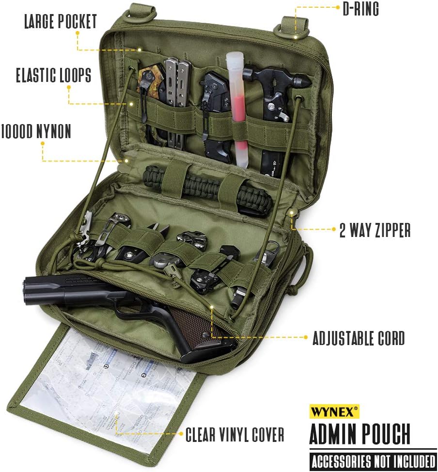 WYNEX Tactical Molle Admin Pouch - Laser Cut Design Utility Organizer with Map Pocket | EDC EMT Pack