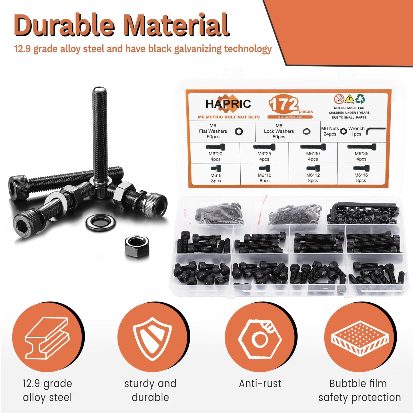 172 Pcs M6 Screws Assortment Kit, M6x 8/10/12/16/20/25/30/35mm M6 Bolts Kit 12.9 Alloy Steel Nuts and Bolts Assortment Kit Black Zinc Plated Hex Socket Head Screws Nuts Bolts and Washers Set