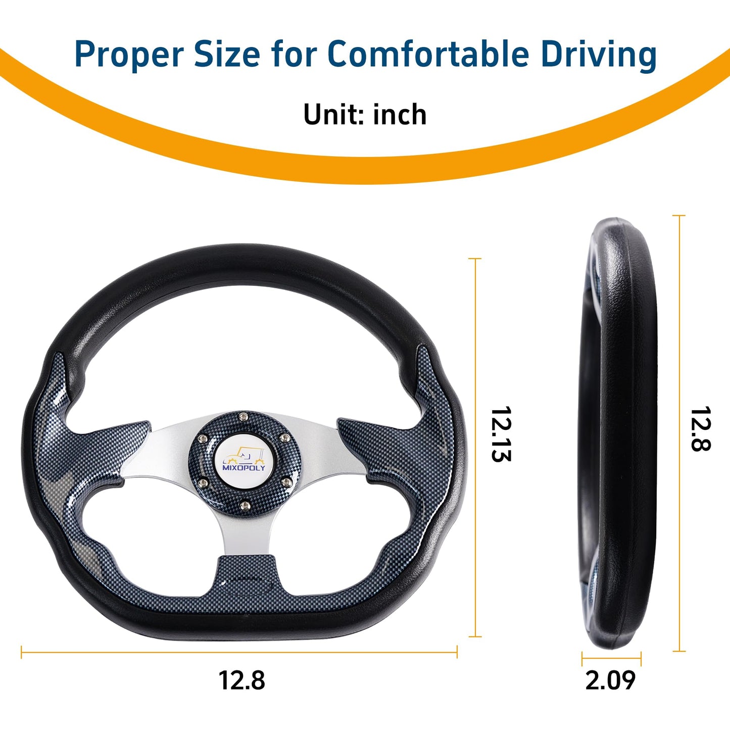MIXOPOLY 12.5" Universal Golf Cart Steering Wheel fits Club Car DS/Precedent/Onward/Tempo, Yamaha, and EZGO TXT/RXV Golf Cart, Anti-slip and good grip (D-Shape)