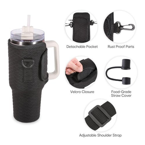 &And Per Se Neoprene Water Bottle Carrier Bag for Stanley 40oz Tumbler, Crossbody Sling with Phone Pocket & Detachable Strap, Adjustable Shoulder Holder Pouch with Charm, for Gym Travel(Black)