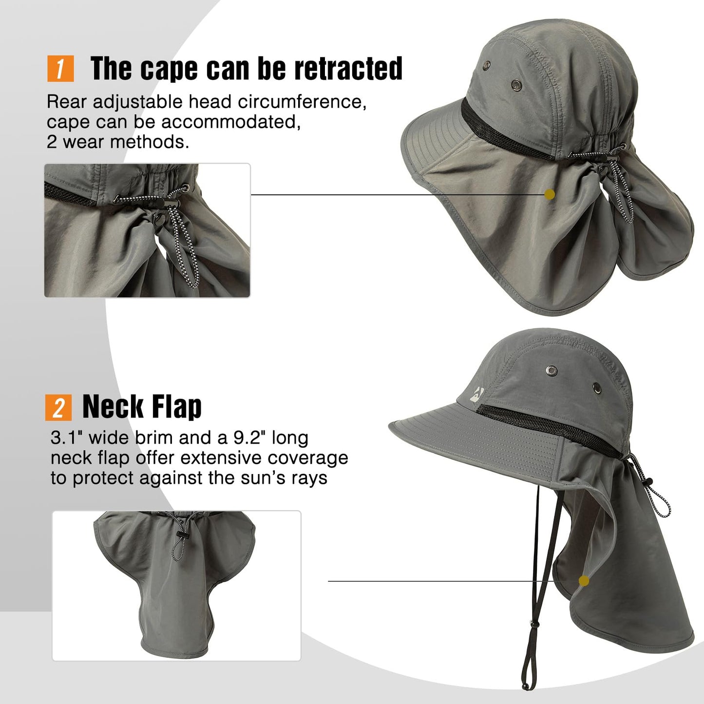 Summer Sun Hat Shade Men Big Head Women Wide Brim Neck Flap Safari Waterproof Beach UPF50+ Fishing Hiking Dark Grey