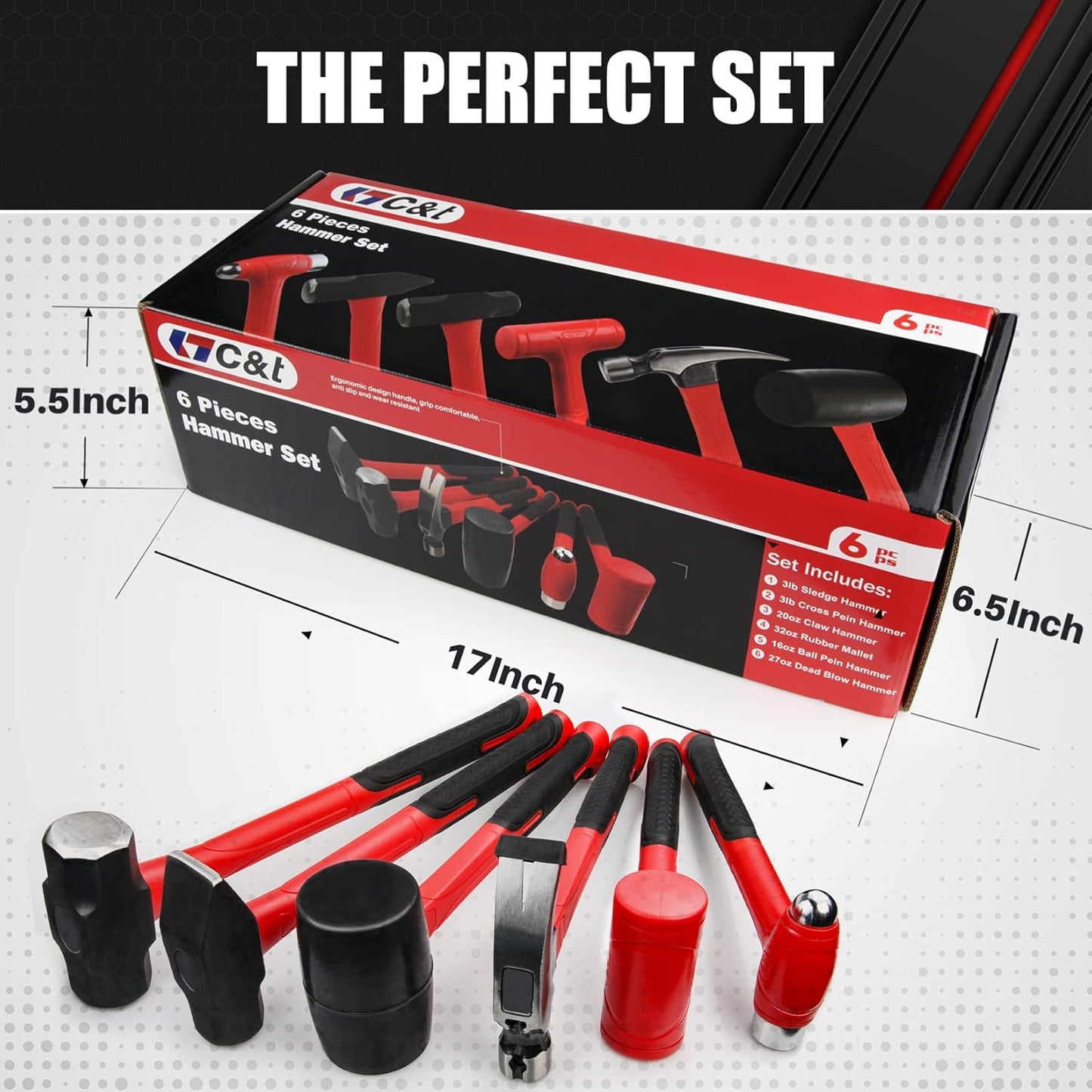 5-Piece Hammer Set with Fiberglass Handles | Ball Peen, Rubber Mallet & Sledge Hammers