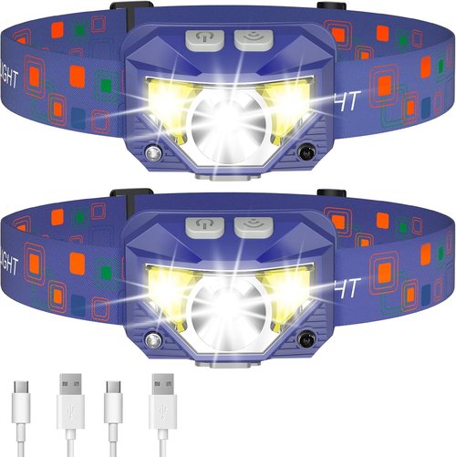 LHKNL Ultra-Bright LED Headlamp Flashlight - Rechargeable, Waterproof, 8 Modes | 2-Pack, Blue