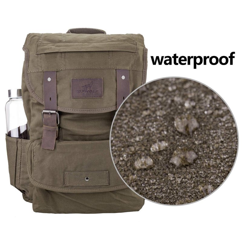TOPWOLFS Waterproof Waxed Canvas Backpack for Men Travel Rucksack Leather Trimming (Green) One_Size