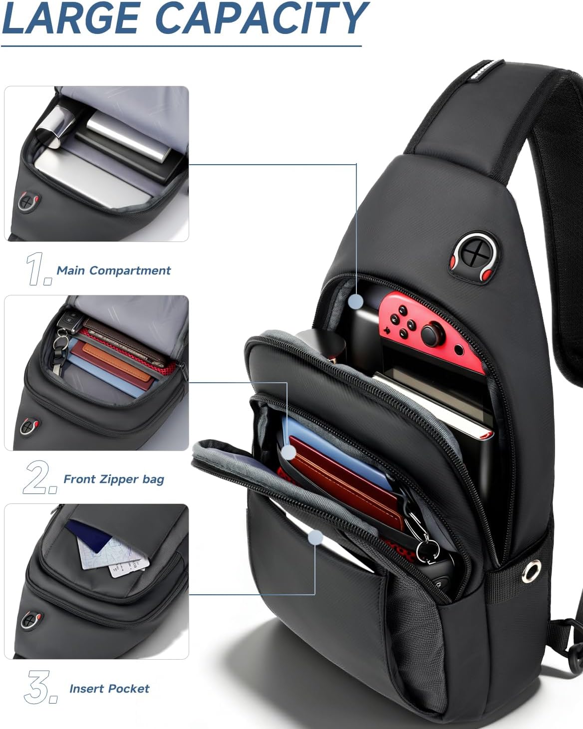 Skiennix Anti-Theft Sling Bag - Water Resistant Crossbody Backpack for Travel & Hiking | Fits iPad Mini & Switch 2 - Black, Medium, Lightweight Design with Built-in Audio Port