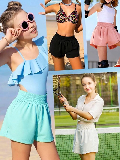 WIFFGO Girls Athletic Shorts Elastic High Waist 2 in 1 Shorts with Side Pockets Running Workout Sports for Teen Kids Black