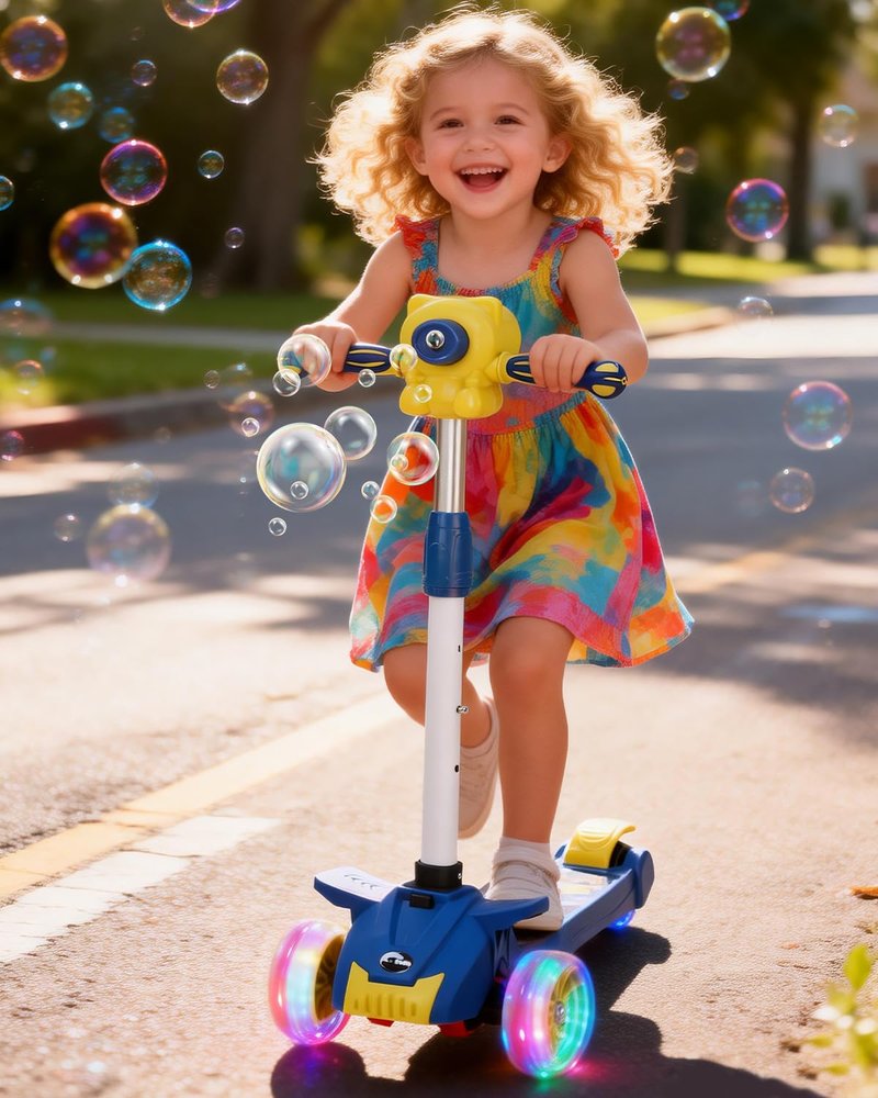 Kids Scooter with Bubble Machine for 3-10 Ages Kids, 3 Wheel Kick Scooter with LED Multi Color Wheel Lights and 3-Height Adjustable Handlebar, Toddler Scooter Lean to Steer for Boys & Girls (Blue)