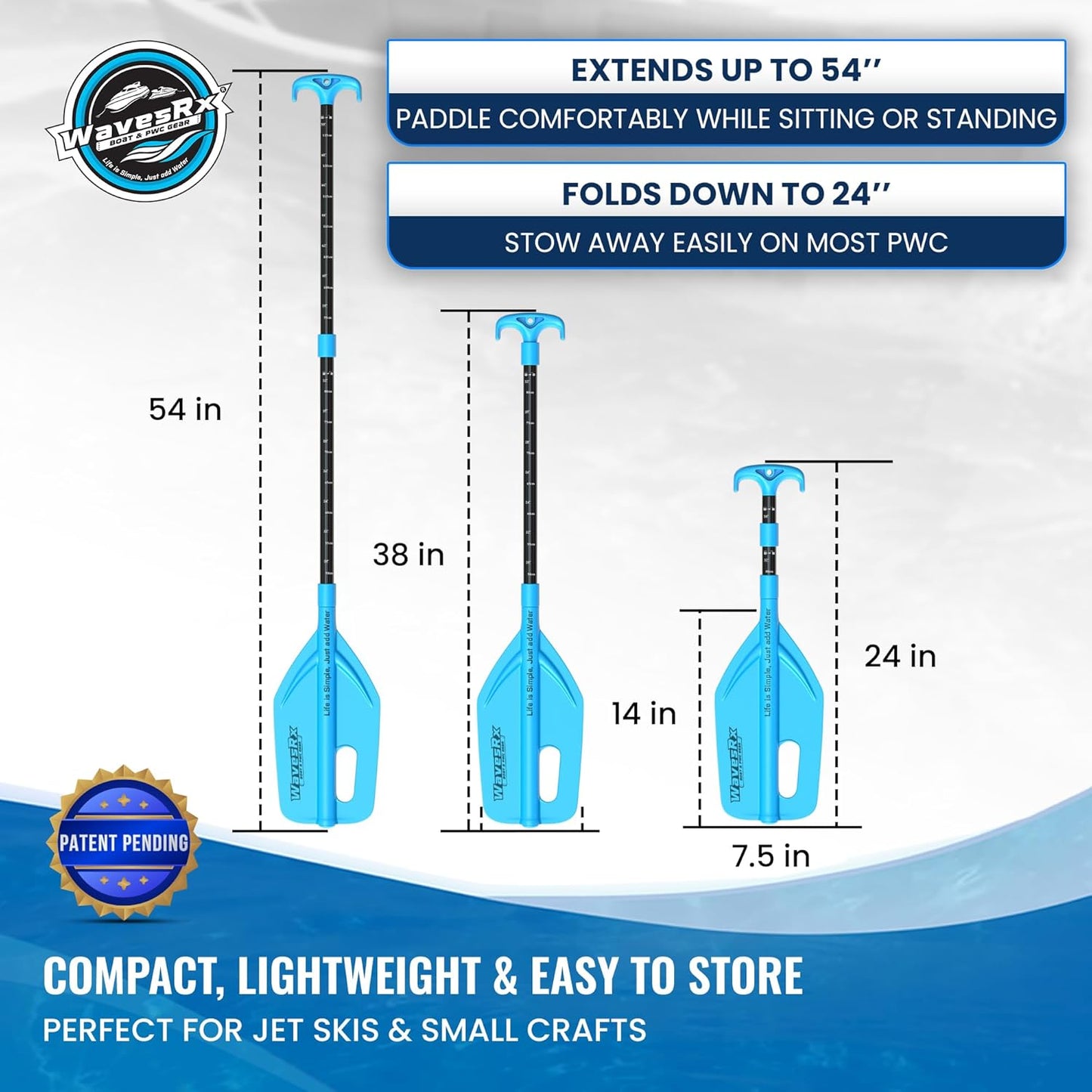 WAVESRX Telescoping Paddle - Adjustable 24" to 54" with Docking Hook & Depth Gauge | Essential Boating Accessory