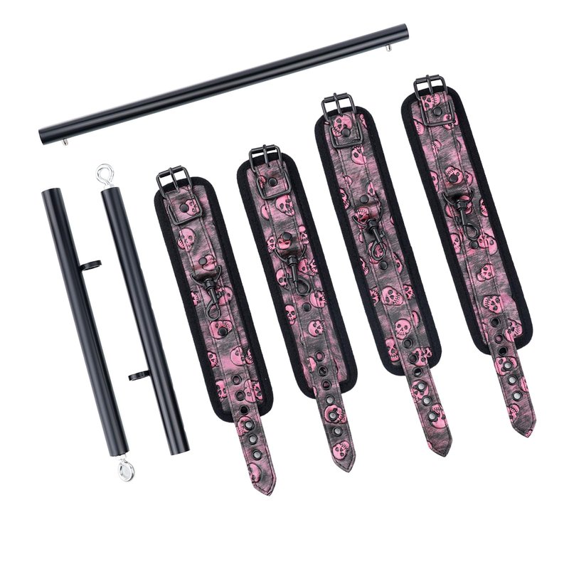 Spreader Bar Heavy Duty Stainless Steel Expandable Black Bar Home Gym with 4pcs PU Black-Pink Adjustable Strap,Sports Aid Training Fitness Gear Pilates Aid Kit,Indoor Yoga Set