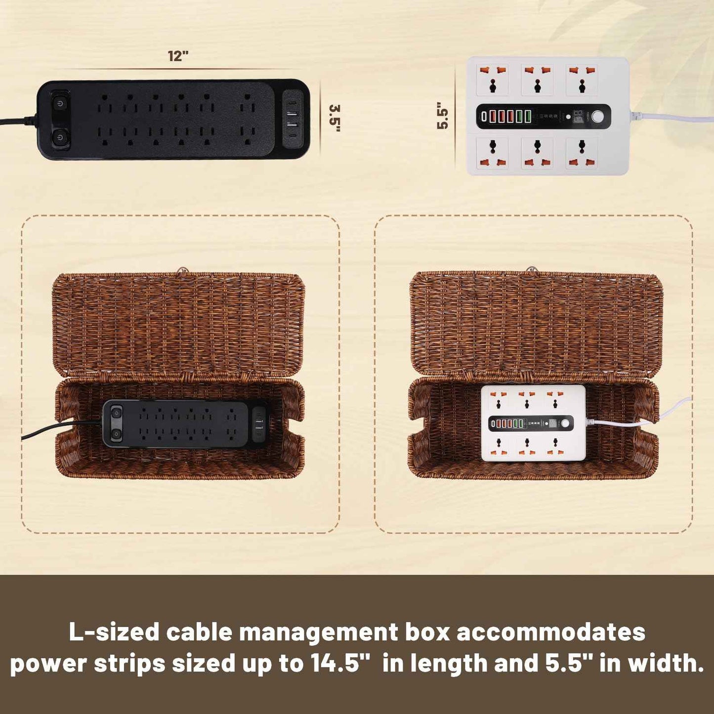 BROWNLILY Cable Management Box, Rattan Style Cord Organizer for Desk Cord Hider Outlet Covers Baby Proofing for Power Strip TV PC Router Charger Under Desk Storage with Lockable Lid and Cable Ties