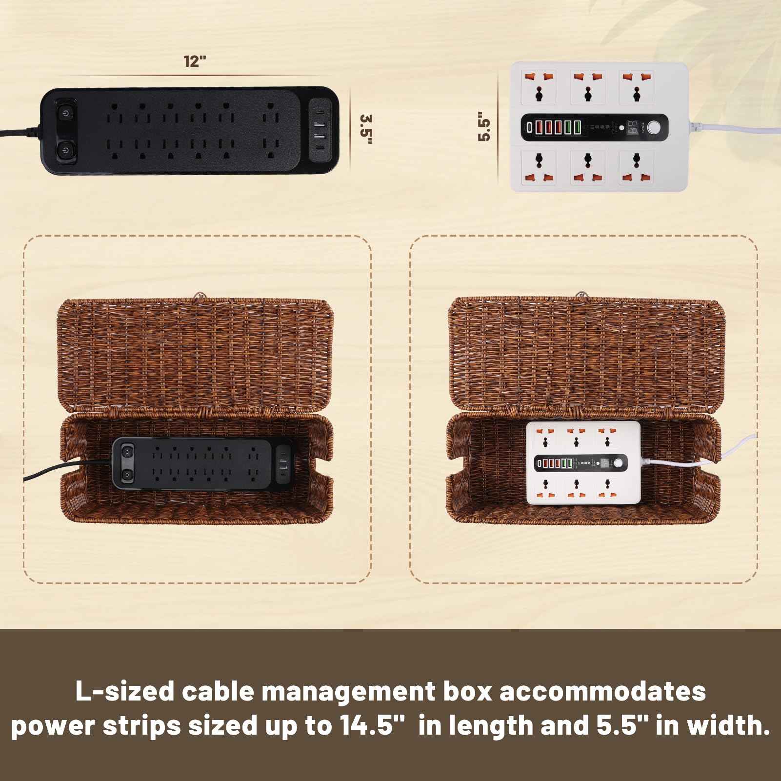 BROWNLILY Cable Management Box, Rattan Style Cord Organizer for Desk Cord Hider Outlet Covers Baby Proofing for Power Strip TV PC Router Charger Under Desk Storage with Lockable Lid and Cable Ties