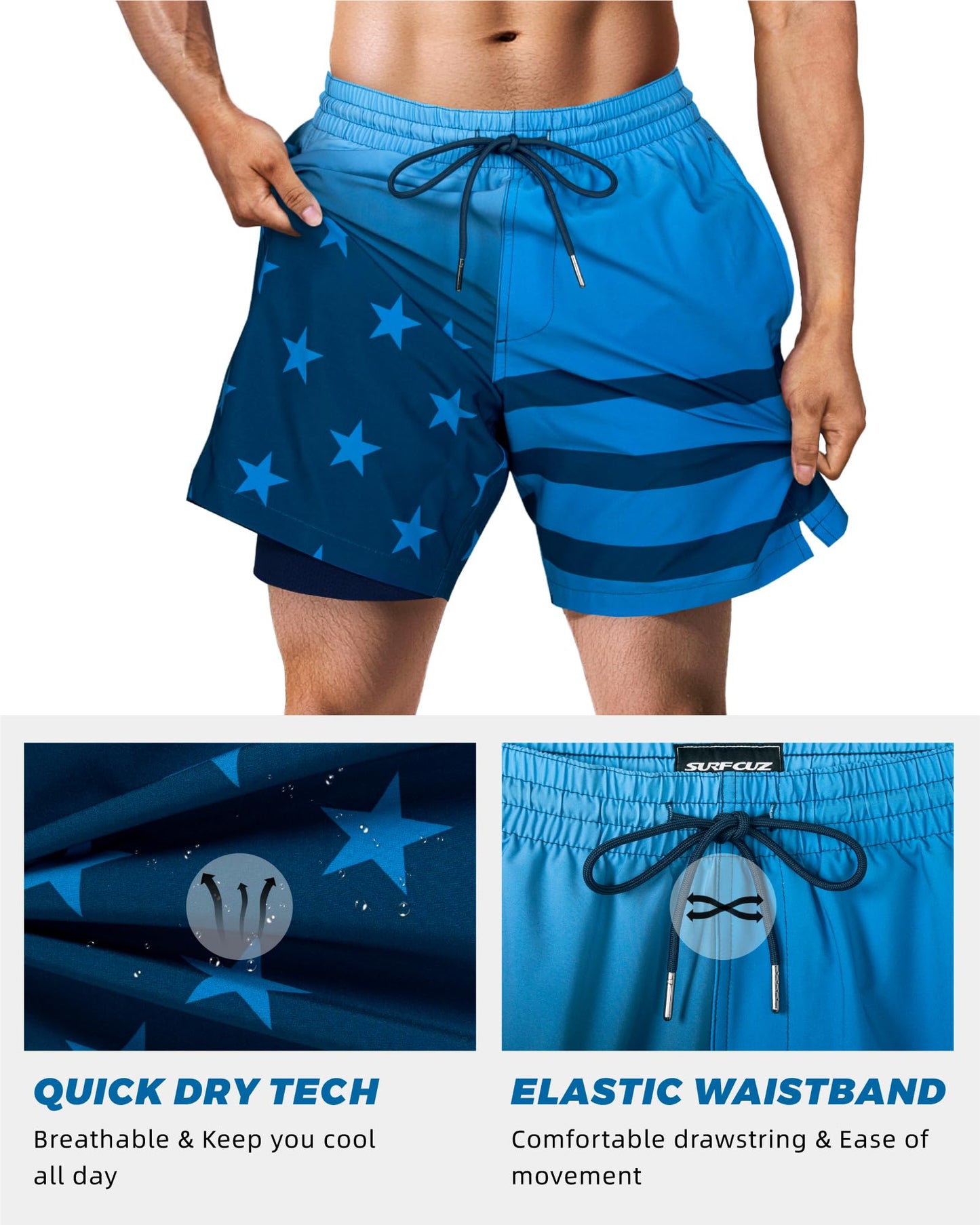 SURF CUZ Mens Swim Trunks with Compression Liner Quick Dry Swim Shorts 7" Swimming Trunks Stretch Zipper Pockets Blue Gradient Flag XS
