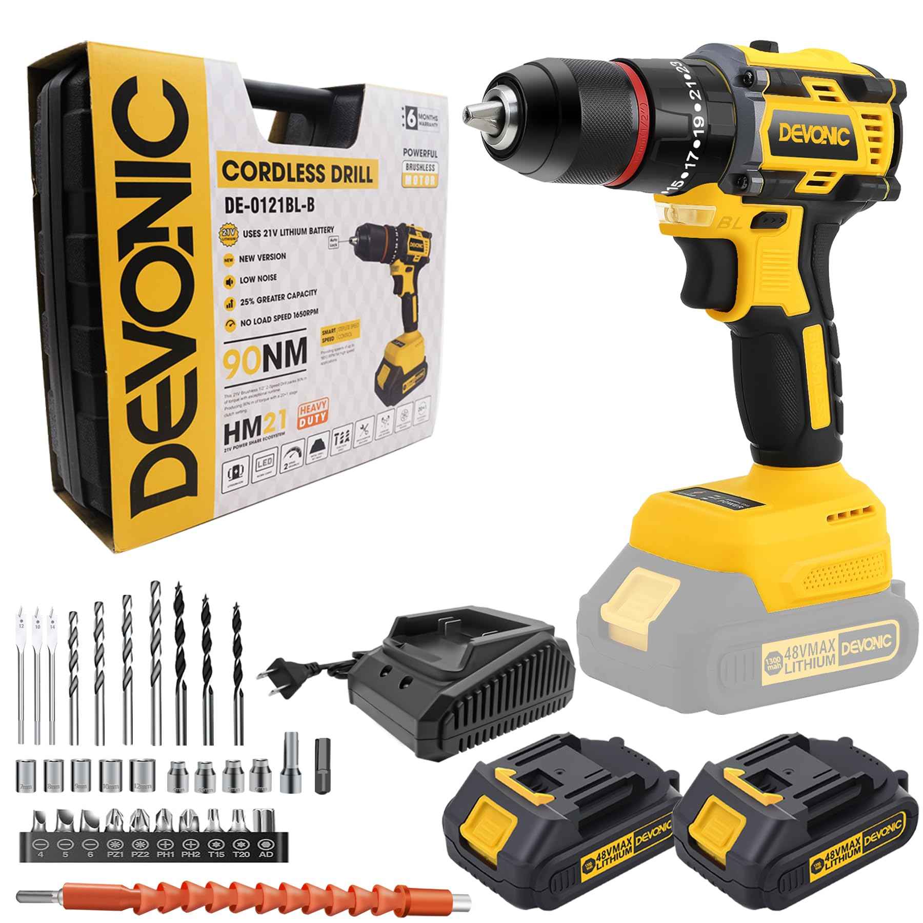 DEVONIC 21V Brushless Cordless Drill, 2 Battery and Fast Charger,1/2 Inch Keyless Chuck Torque 450 In-lb,2 Variable Speed 23+3 Clutch with Impact
