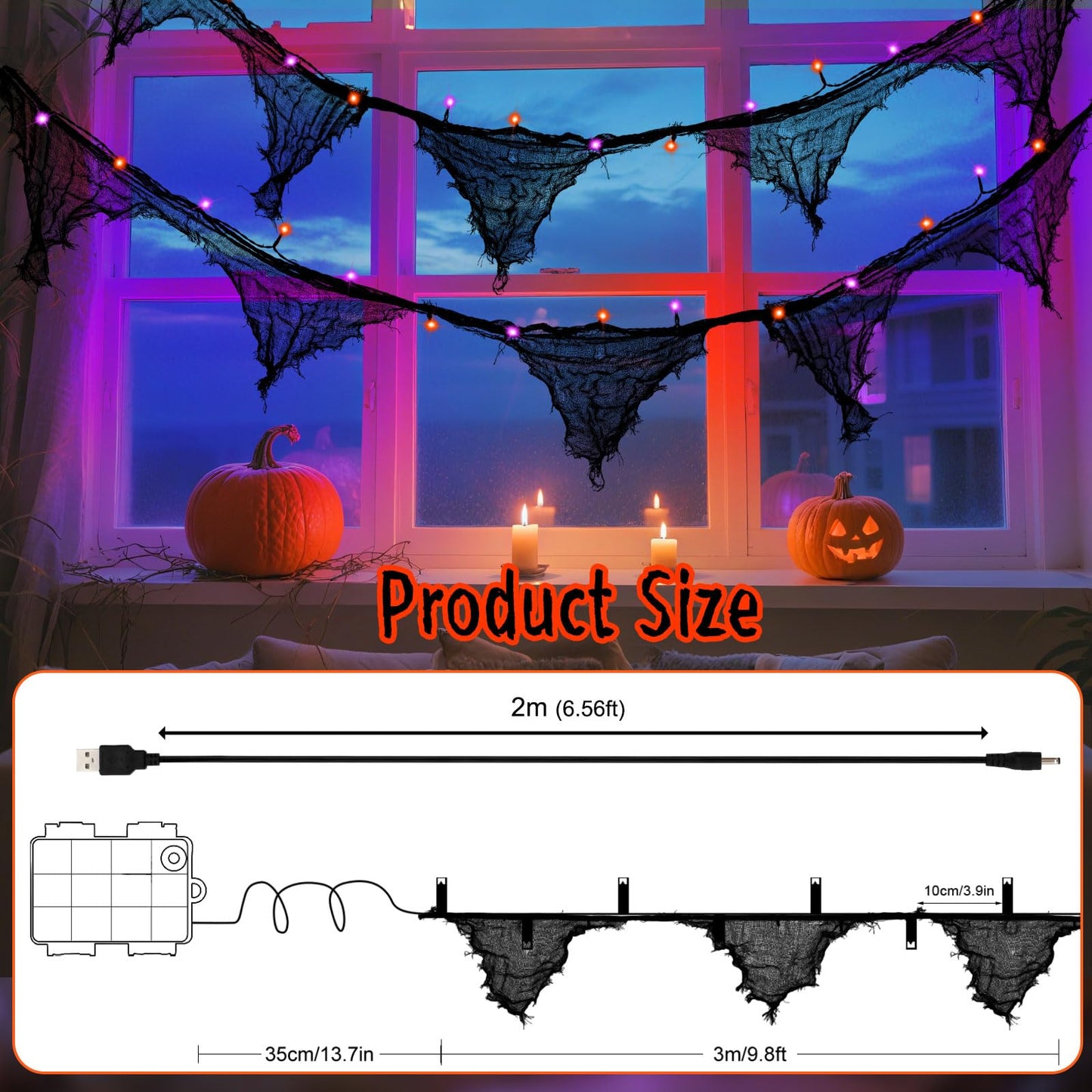 cshare Halloween Lights Battery Operated or USB, Creepy Cloth String Lights with Timer Waterproof 9.8ft 30LED Orange and Purple String Lights Halloween Decortions for Fireplace Window Door Mirror
