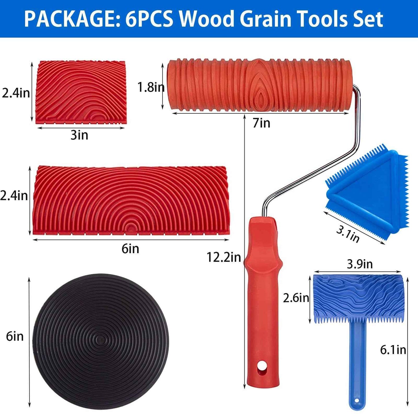 Wood Graining Tool Set, 6pcs 7" Fake Wood Grain Roller Rubber Graining Tool Paint Look Like Wood DIY Painting Tool with Handle for Walls Room Art Paint Decoration