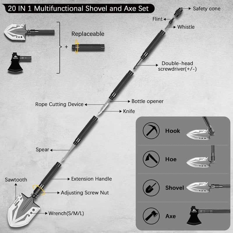 SUPROCK Survival Shovel and Camping Shovel, 30-in-1 Tactical Shovel Axe with High Carbon Steel, Folding Entrenching Tool with Pouch for Emergency, Hiking, Outdoor Gear