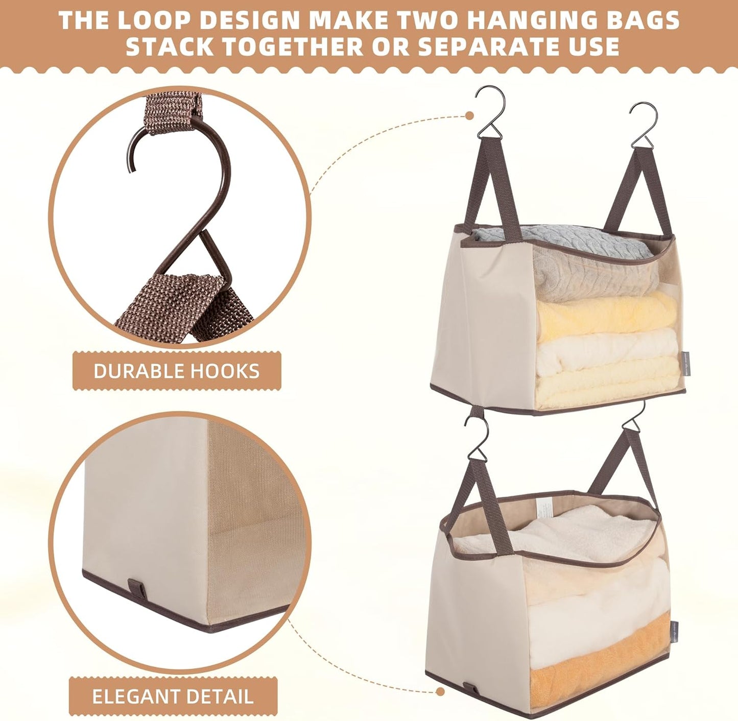 Storage Maniac 2-Shelf Hanging Closet Organizer - Canvas Shelf with Hooks for Dorm & Bedroom - Beige