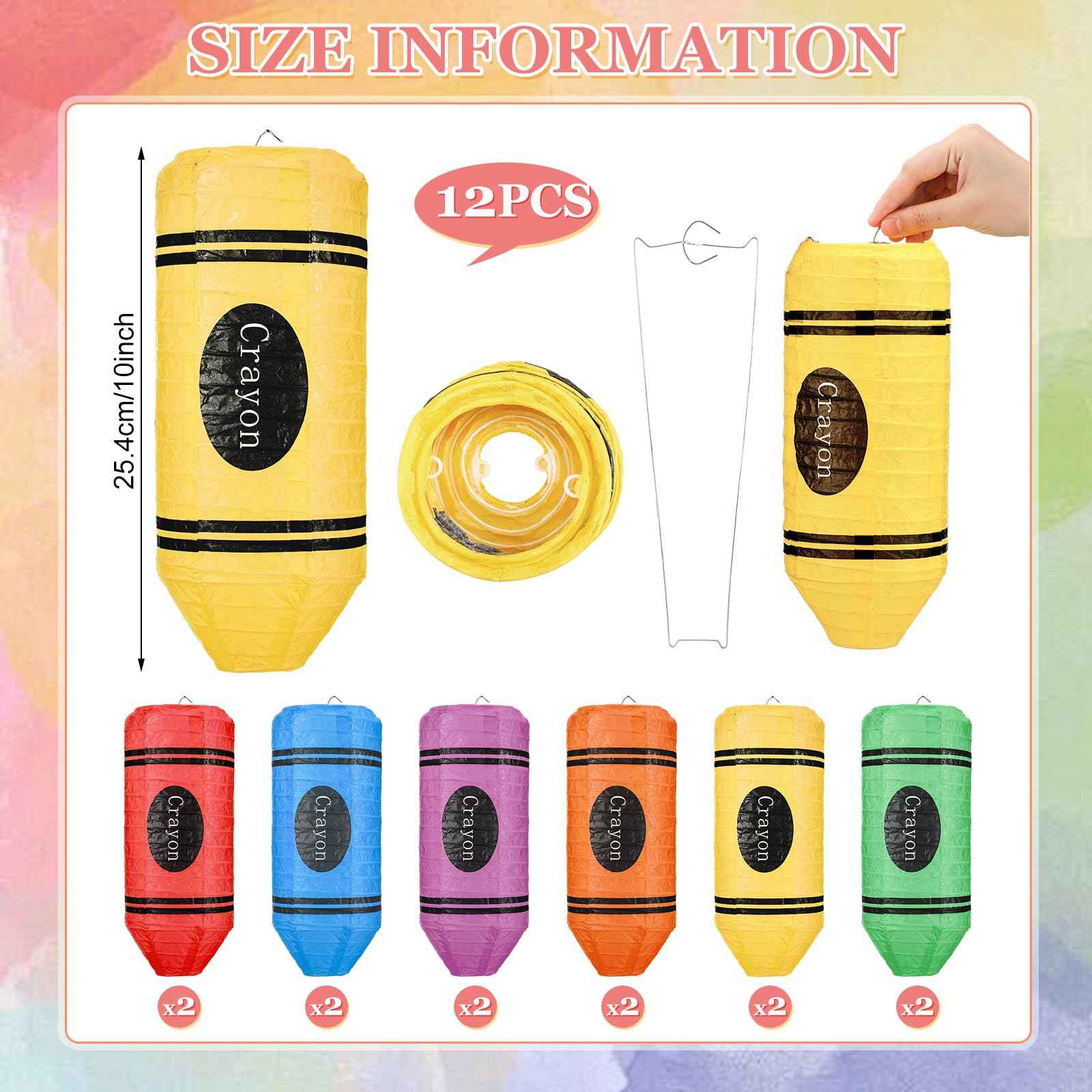 Retisee 12 Pcs Crayon Hanging Paper Lanterns for Teacher Party Decorations, Teachers' Day Classroom School Art Ceiling Decor, School Birthday Supplies (10 Inch)