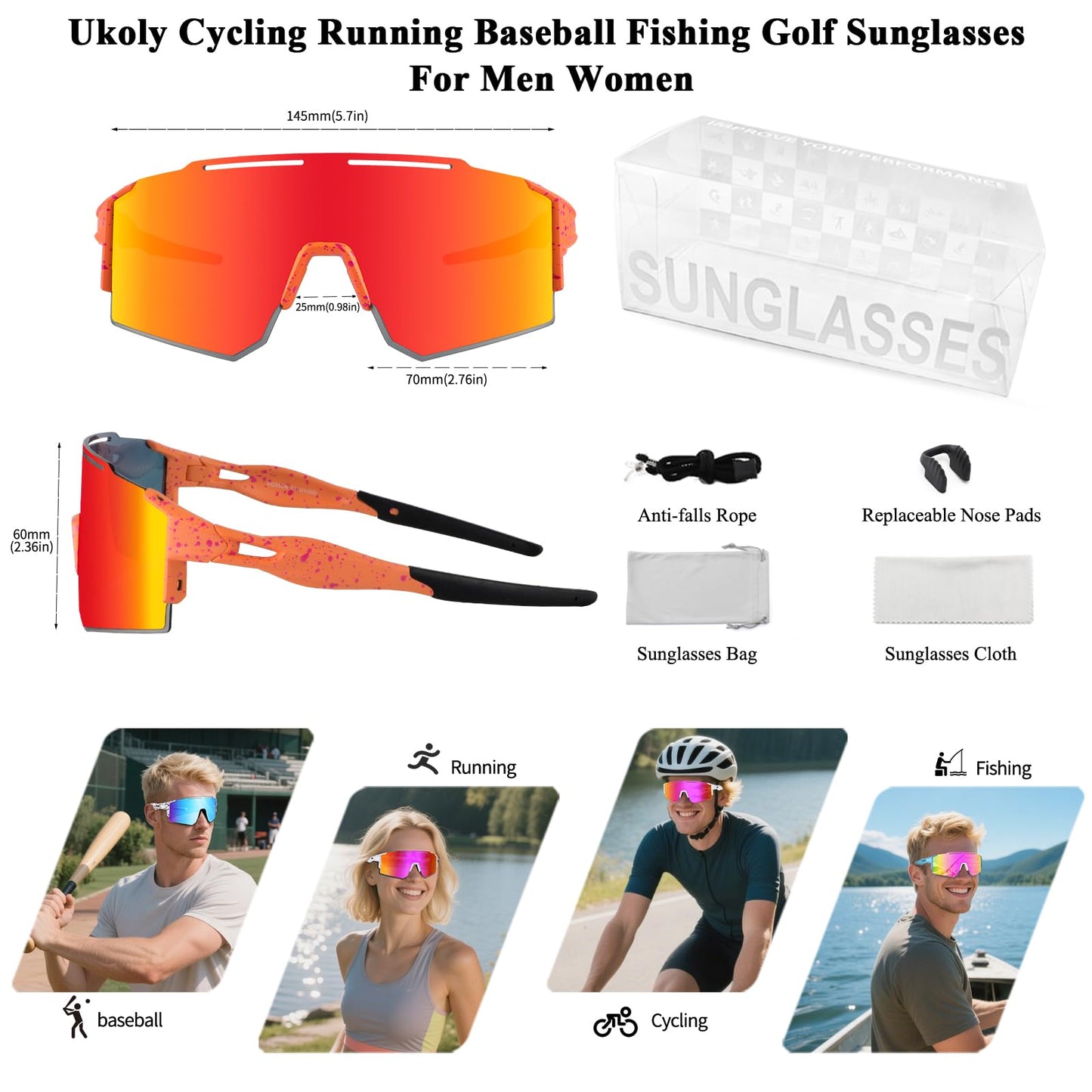 Ukoly Cycling Sunglasses for Men Women with Interchangeable nosepad, Polarized Sports Sunglasses, Baseball Sun glasses 550A LO