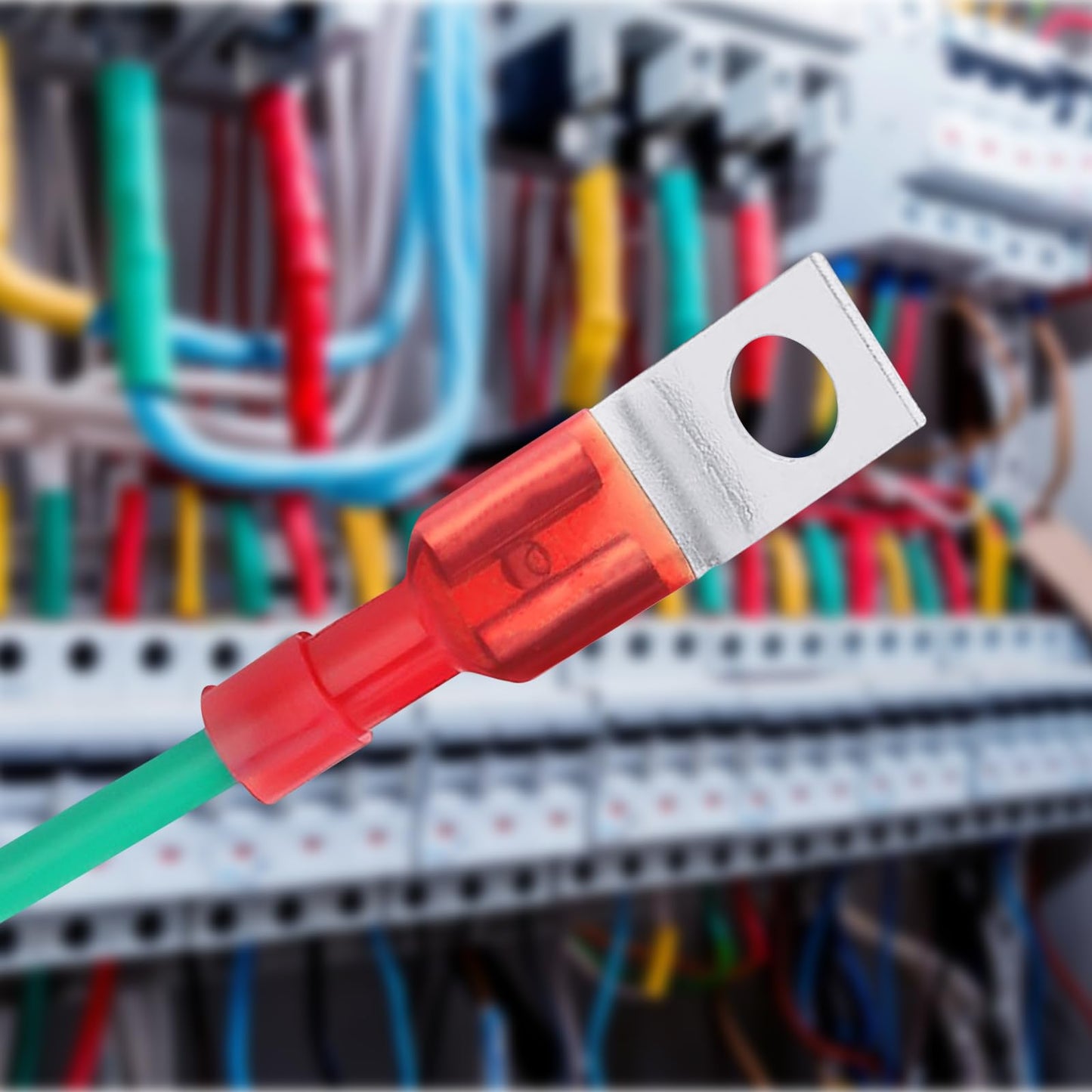 50 Pcs Quick Disconnect Spade Connectors, Non-Insulated, Solderless, 1/4" Male Tab, 10 Stud Ring Crimp, Ideal for Copper Wiring and Electrical Tasks