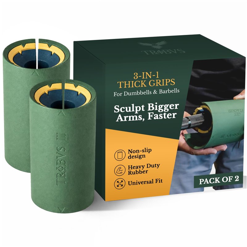 Tribus - Thick Grips for Dumbbells and Barbells, 2.05" & 2.44" Thick Dumbbell Grips for Men and Women, Extreme Arm & Forearm Builder Grip Strength, Barbell Grip for Weight Lifting