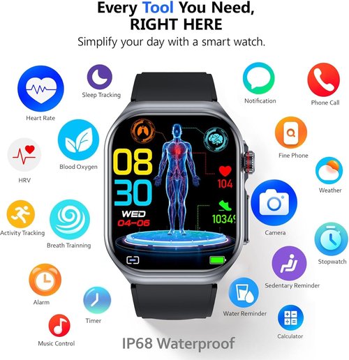 Health Smart | Fitness Tracker Smart Watch for Men & Women - 1.87'' Large Display, Heart Rate & Sleep Monitor, IP68 Waterproof, Black