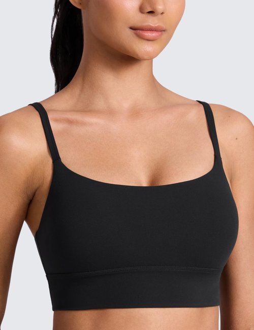 CRZ YOGA Butterlift Scoop Neck Longline Sports Bras for Women - Padded Cami Tank Adjustable Spaghetti Strap Workout Crop Top Black Medium
