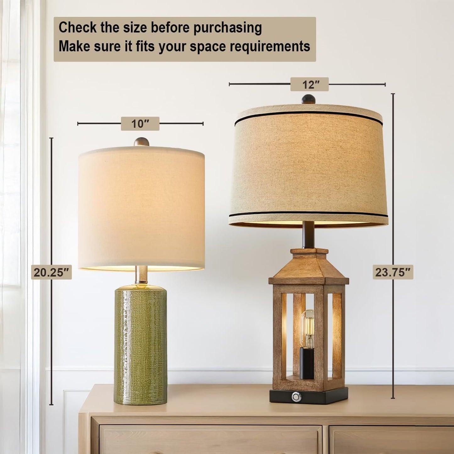 Modern Green Ceramic Table Lamp - 20.25” Nightstand & Bedside Lamp for Bedroom & Living Room