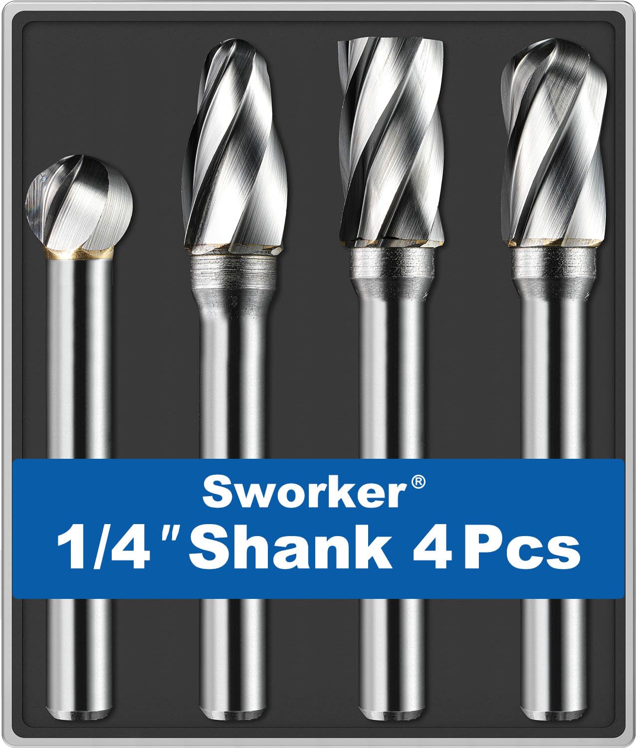 4Pcs Carbide Burr Set 1/4 Shank Aluminum Cut (Wide-Flute Cut) Die Grinder Bits Rotary Tools Attachment Kit Rasp File Accessories Metal Wood Stone Steel Grinding Deburring Cutting Porting Carving