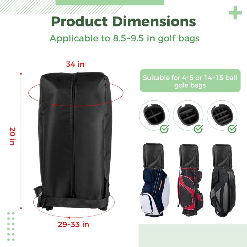 TIMCORR Golf Bag Cover,34 x 33 x 20 in Golf Bag Rain Cover,Waterproof & Dustproof Golf Bag Cover Hood with Front Zipper, Adjustable Straps and Bottom Opening Design, Fits Stand & Cart Bags (Black)