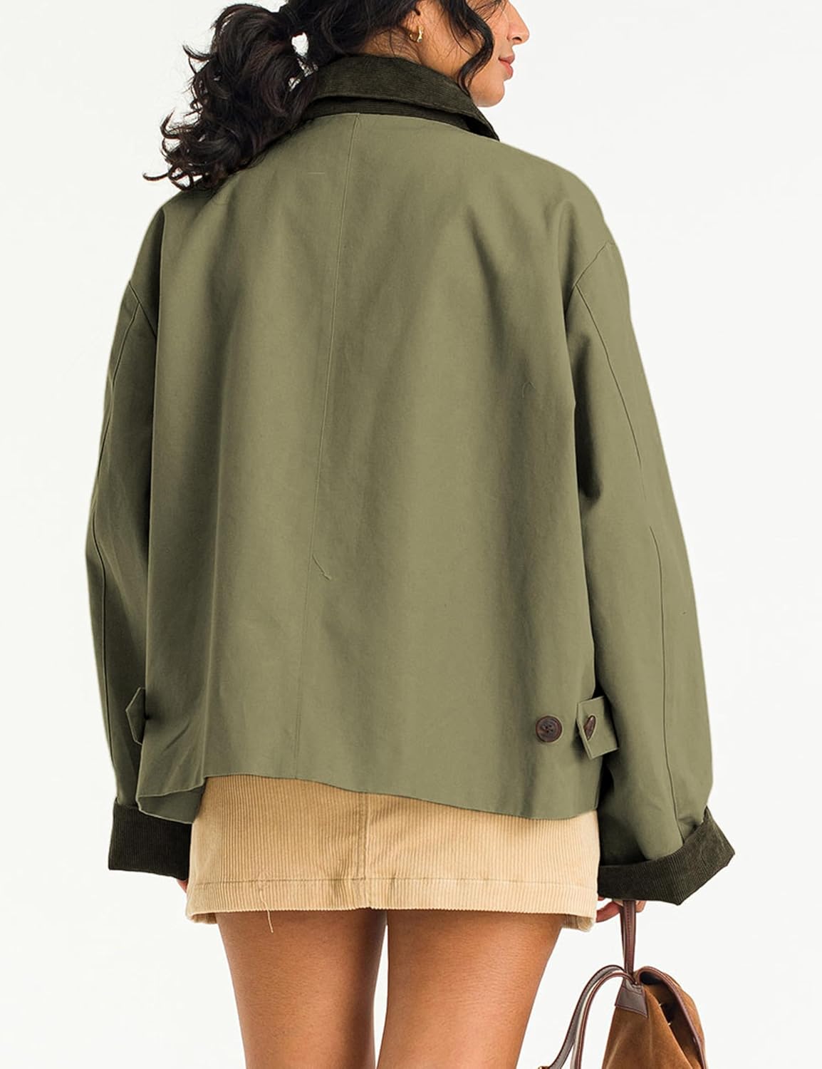 Viefent Women's Crop Trench Coat - Casual Button Down Jacket with Pockets | Army Green, Long Sleeves