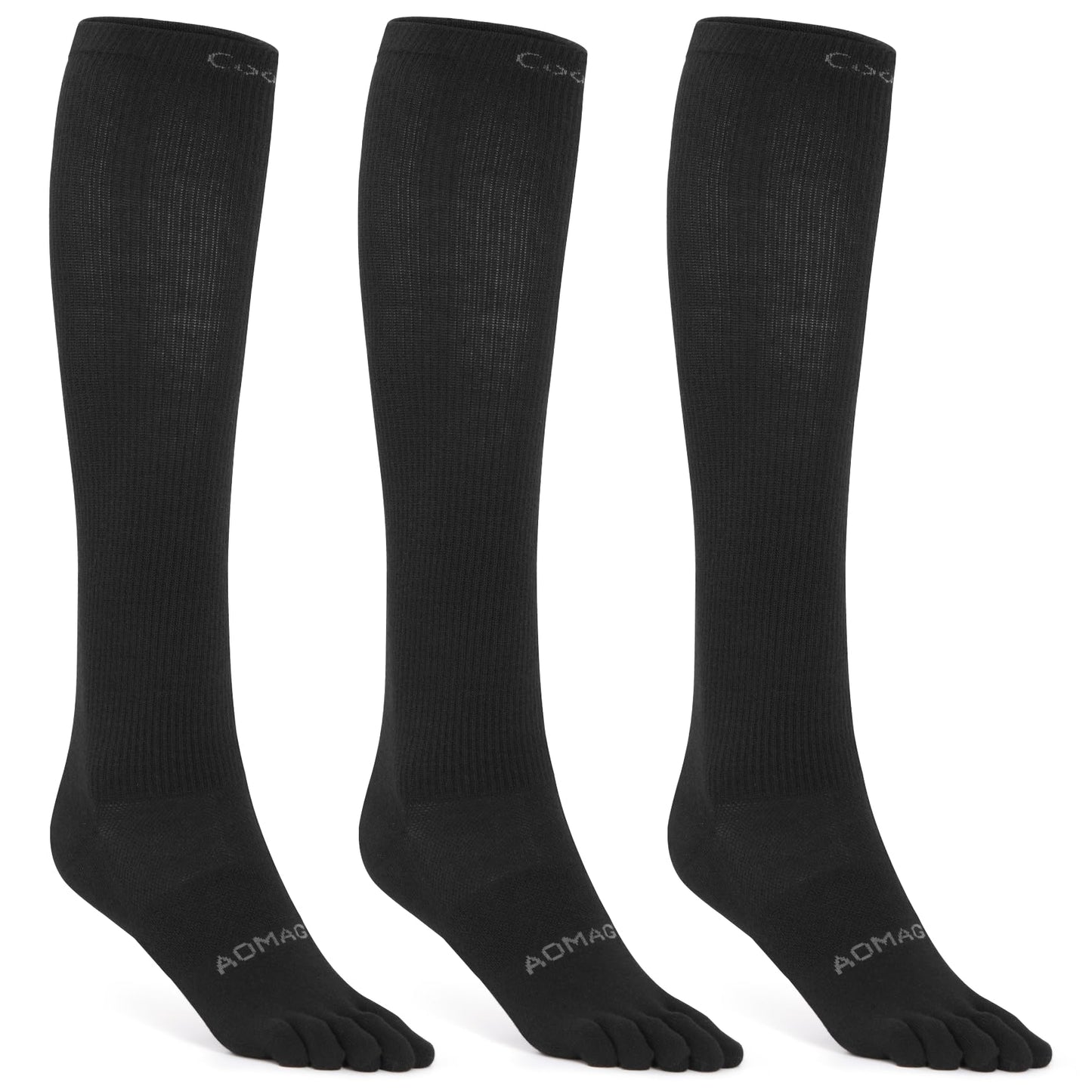 aomagic Knee-High Toe Socks - Coolmax 5-Finger Athletic Hiking Socks, Anti-Blister & Moisture-Wicking, 3 Pairs/Black - Large
