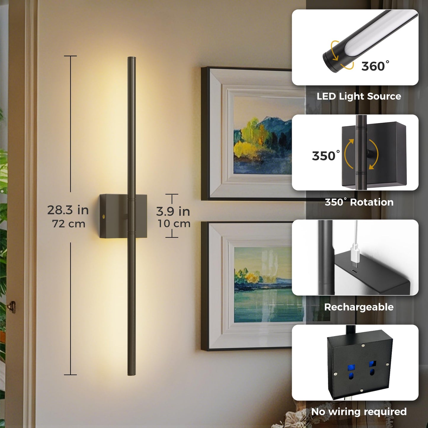 L LOHAS LED Battery Operated Wall Sconces Set of 2, Battery Wall Sconce 10000mAh, Black Rechargeable Sconces 3CCT + RGB, 28.7 Inch Wireless Wall Lights, Sconce Wall Decor for Bedroom, Living Room
