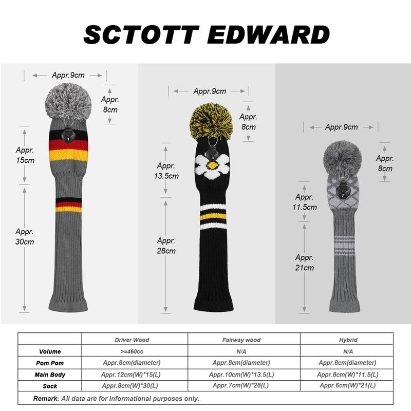 Scott Edward Knit Golf Head Covers for Woods Set of 3 Fits Well Driver(460cc) Fairway Wood and Hybrid(UT) The Perfect Change for Golf Bag (Grey Argyles)