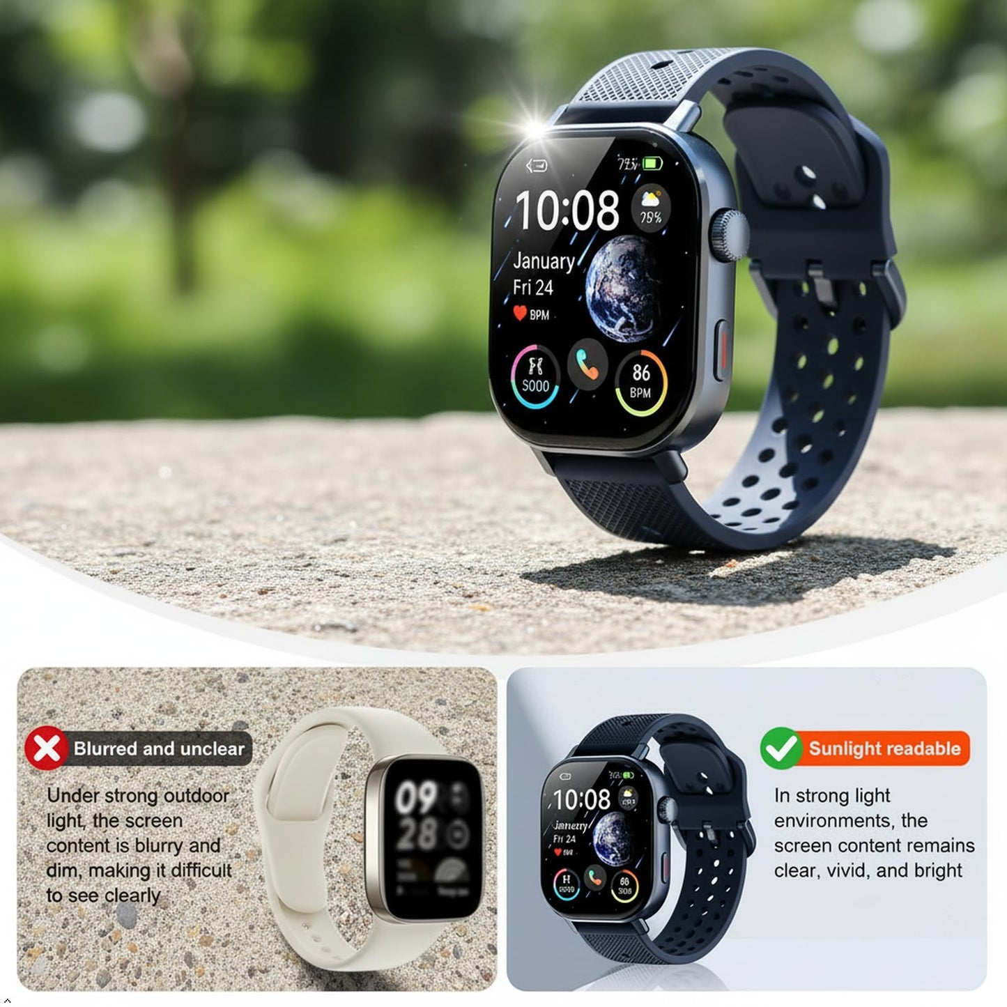 moutarlier 2026 Distance & Pace GPS Running Watch for Runners - Call & Text, AMOLED Large Screen, 50m Waterproof Swimming, Calorie & Step Counter, 2 Bands, Long Battery, for Seniors Men Women（Blue）
