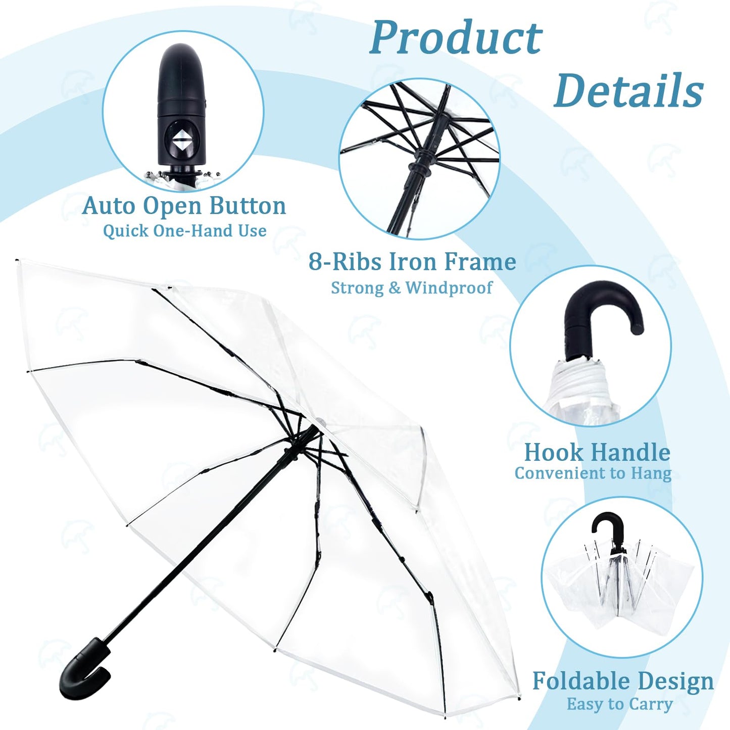 Succwoah 10 Pcs Clear Wedding Umbrellas, Portable Auto Open Close Transparent Design, Durable High-Visibility Folding Rain Umbrellas for Photography, Party, Travel, Golf, Outdoor Events