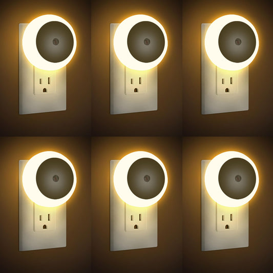 Jedqlnye LED Night Lights Plug into Wall 6 Packs,Dusk-to-Dawn Light Sensor with Automatically Turn on and Off Wall Night Light for Bedroom,Bathroom,Stairs,Corridor (Warm White, Round-6pack)