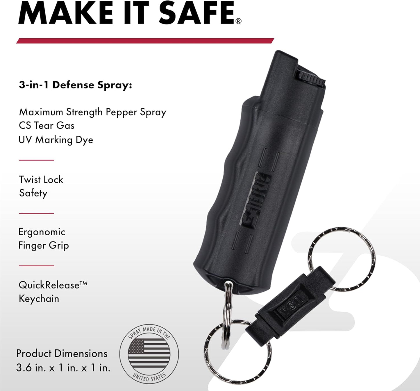 SABRE 3-in-1 Defense Spray - Max Police Strength Pepper Spray with Tear Gas & UV Dye, Quick Release Keychain, 0.54 fl oz
