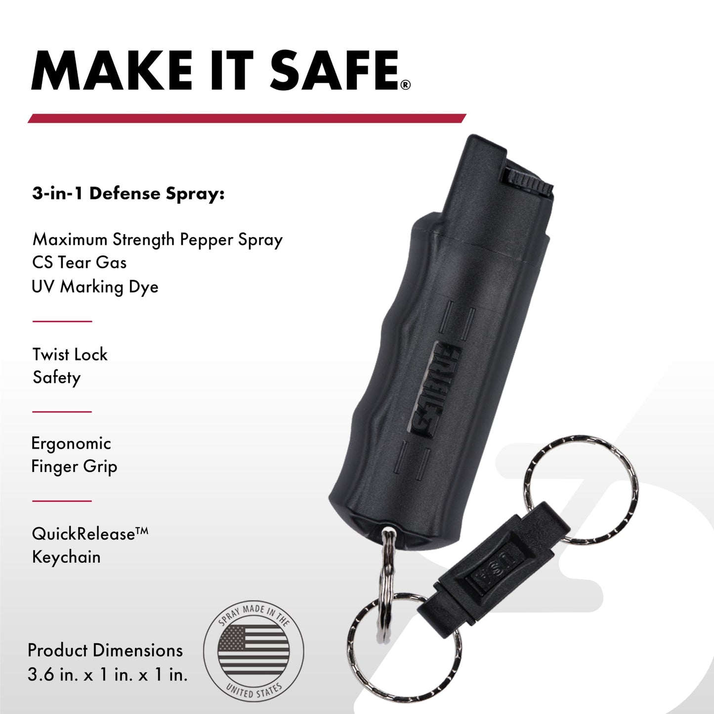 SABRE 3‑in‑1 Defense Pepper Spray with Tear Gas & UV Marking Dye - Twist-Lock Safety, Quick-Release Keychain, Maximum Strength OC for Self Defense, 14-ft Range, 10 Second Spray Time, 0.54 fl oz